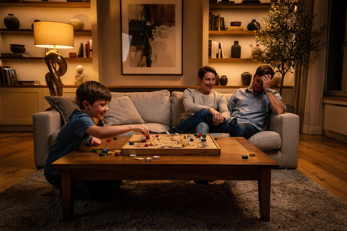 Мальчик двенадцати лет обыгрывает взрослых в настольную игру